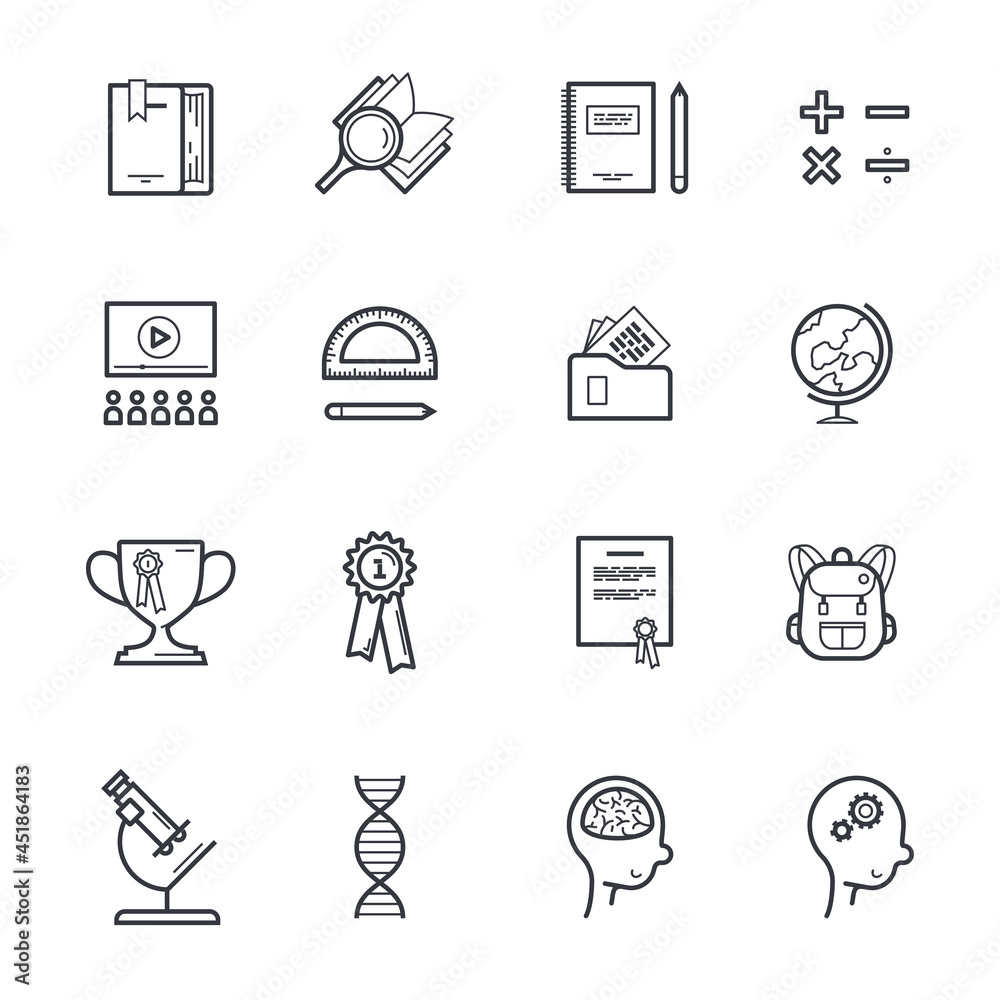 Set of knowledge and education icons. Collection of outline fully editable vector stroke symbols Set of knowledge and education icons. Collection of outline fully editable vector stroke symbols