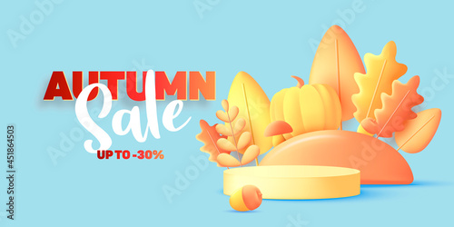 Autumn sale 3d seasonal background with autumn yellow, orange and red leaves and acorn with mushroom composition and product podium.