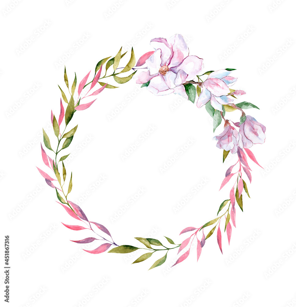 Watercolor illustration. Round frame with pink and green branches on a white background, place for text. Cute, bright wreath, poster. For decorating postcards, messages. Watercolor illustration. Round frame with pink and green branches on a white background, place for text. Cute, bright wreath, poster. For decorating postcards, messages.