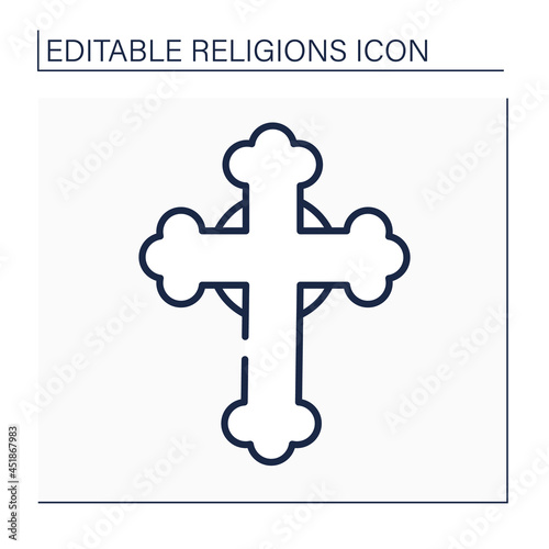 Christianity line icon. Cross symbol. Faith tradition focused on Jesus Christ figure, birth, life, death and resurrection. Religion concept. Isolated vector illustration. Editable stroke