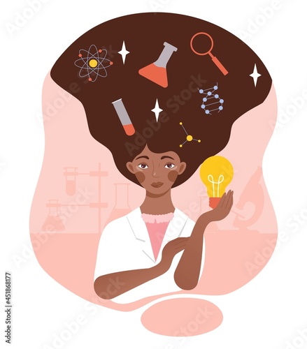 Woman scientist concept. Smart character with flask, magnifying glass and molecule in his hair. Female career occupation as experimental physician. Cartoon flat vector illustration on white background