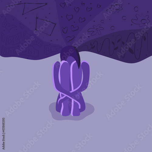 The concept of a person in depression, in psychological problems, panic attacks, stress, fear and pain. The vector is made in a flat style. A person with mental disabilities. For specialized illustrat