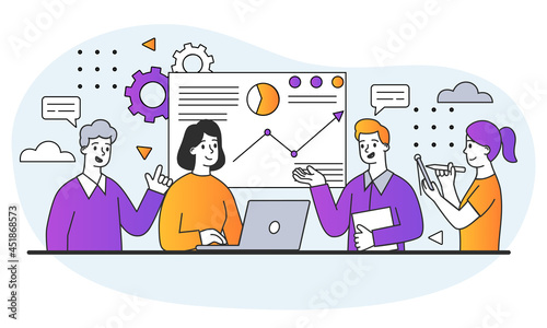 Business conference concept. Company employees discuss details of project and ways of business development. Men and women communicate in office. Cartoon flat vector illustration on white background
