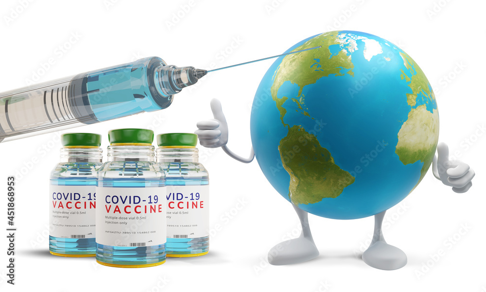 thumbs up earth syringe symbolic concept of COVID-19 Coronavirus 3d-illustration. elements of this image furnished by NASA