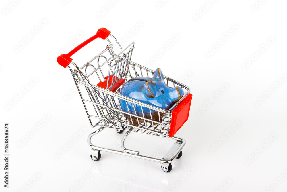 Decorative piggy bank inside a shopping cart, isolated on the white glossy background
