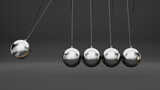 Newton cradle with balancing pendulum of silver metal balls hanging  background isolated with shadows. 3d render