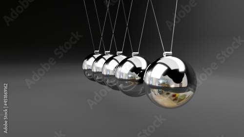 Newton cradle with balancing pendulum of silver metal balls hanging background isolated with shadows. 3d render