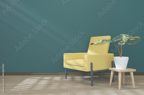 living room interior with sofa on a wooden floor landscape in window. Home nordic interior. 3D render