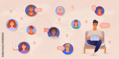 Global online communication vector illustration. Using laptop computer connecting together with people. Working and learning anywhere concept.