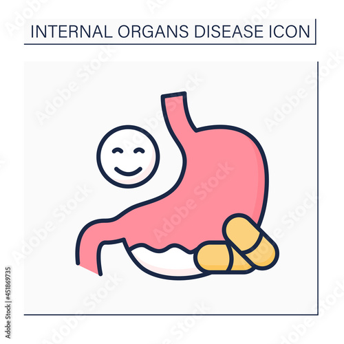 Medical treatment color icon. Special treatment for prevention of diseases. Painkillers and pills. Healthy feelings. Internal organs disease concept.Isolated vector illustration