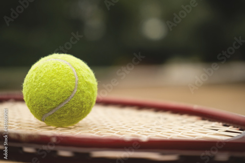 Close-up of a bright yellow tennis ball lies on a tennis racket. © Илья Мышенков