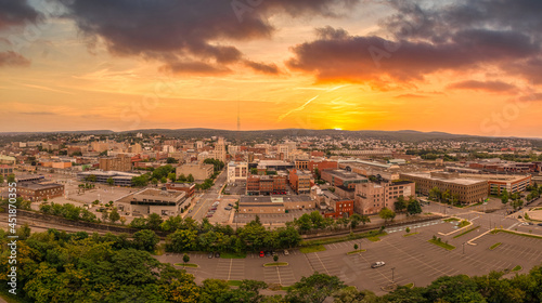 Aerial sunset view of Scranton Pennsylvania, steamtown or electric city home to the legendary office with dramatic colorful sky photo