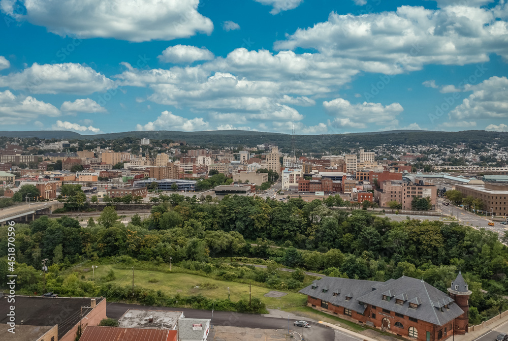 Aerial sunset view of Scranton Pennsylvania Steamtown or electric city with cloudy blue sky