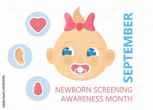Newborn screening awareness month concept vector. Heel stick and blood drop test