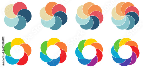 Overlapping circles arranged on larger round object, forming flower like shape version with five to eight parts. Can be used as infographics element