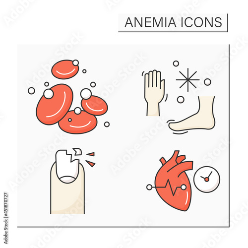 Anemia color icons set. Hemoglobin, cold hands and feet, brittle nails, irregular heartbeats. Health protection concept. Isolated vector illustrations