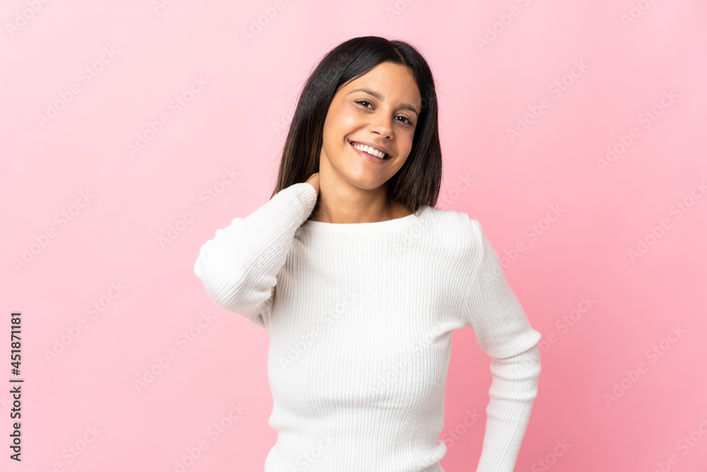 Caucasian girl isolated on pink background laughing Caucasian girl isolated on pink background laughing