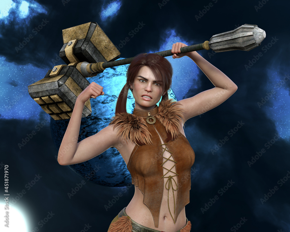 Illustration of a barbaric woman with a huge hammer with arms up in a  defensive pose on an interstellar background. Stock Illustration | Adobe  Stock