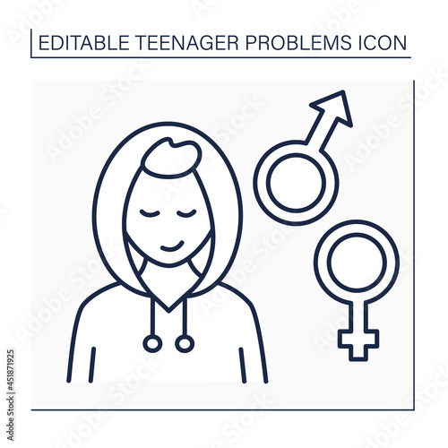 Sexual activity line icon. Interest in sexuality during puberty. Thoughtless sexual intercourse with different partners. Teenager problem concept. Isolated vector illustration. Editable stroke