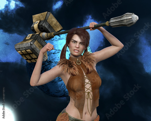 Illustration of a barbaric woman with a huge hammer with arms up in a defensive pose on an interstellar background.