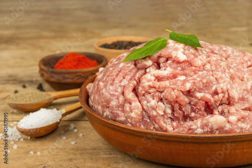 Raw minced meat. Ground pork with spices