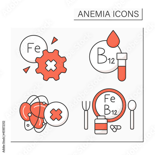 Anemia color icons set. Inability to absorb iron. Vitamin B-12 testing, blood hemophilia, diet. Health protection concept. Isolated vector illustration