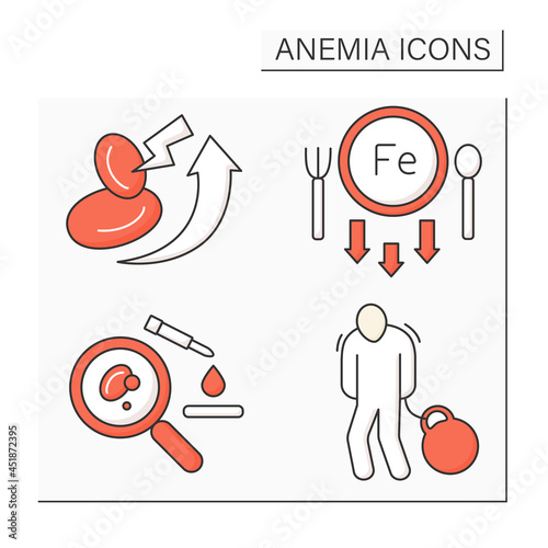 Anemia color icons set. Lack of iron in diet, blood analysis, body heaviness.High rates of red blood cell production. Health protection concept. Isolated vector illustrations