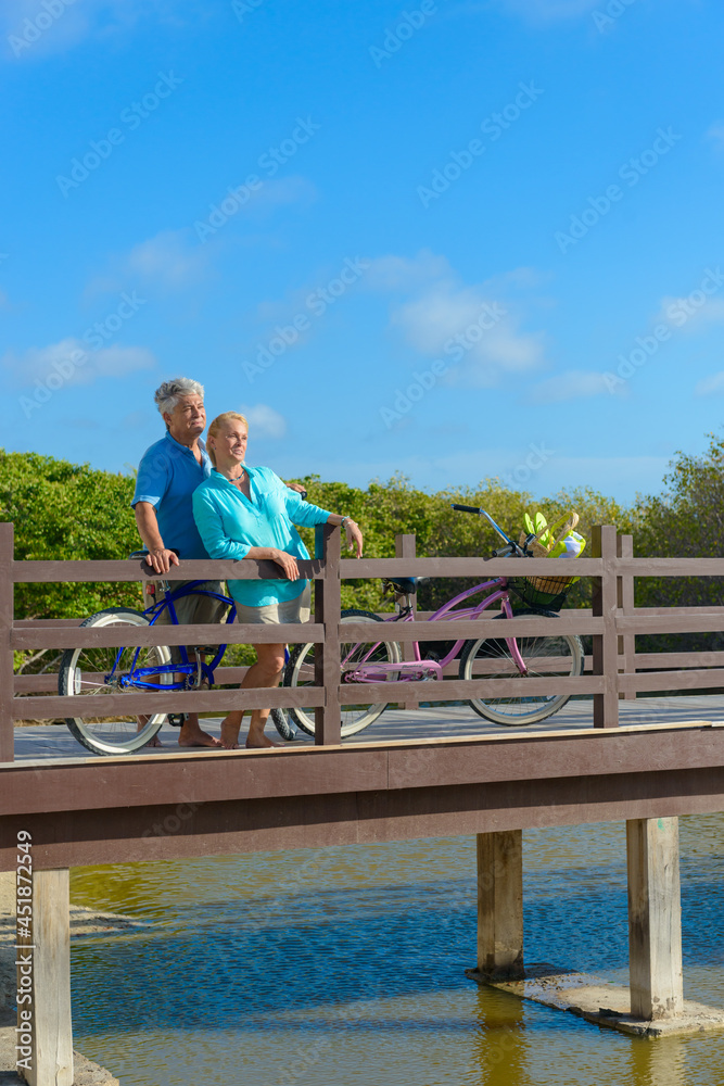 Happy senior couple exercising with bicycles on the beach on a sunny day, standing on a pier