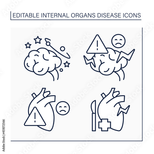 Internal organs disease line icons set. Diagnostic and special medical treatment for affected brain and heart. Healthcare concept. Isolated vector illustrations.Editable stroke