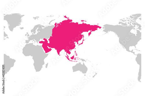 Asia continent pink marked in grey silhouette of World map. Centered on Asia. Simple flat vector illustration.