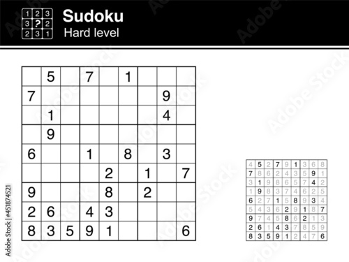 Sudoku. Hard level. Black and white, with solution. Sudoku icon.