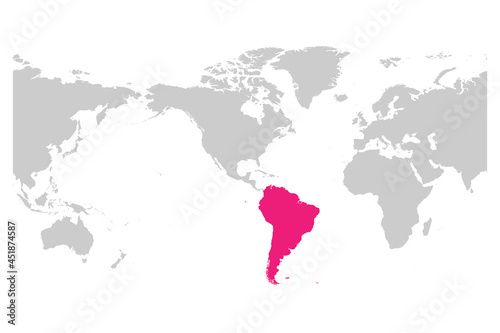 South America continent pink marked in grey silhouette of World map. Simple flat vector illustration.