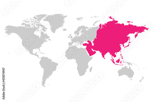 Asia continent pink marked in grey silhouette of World map. Simple flat vector illustration.