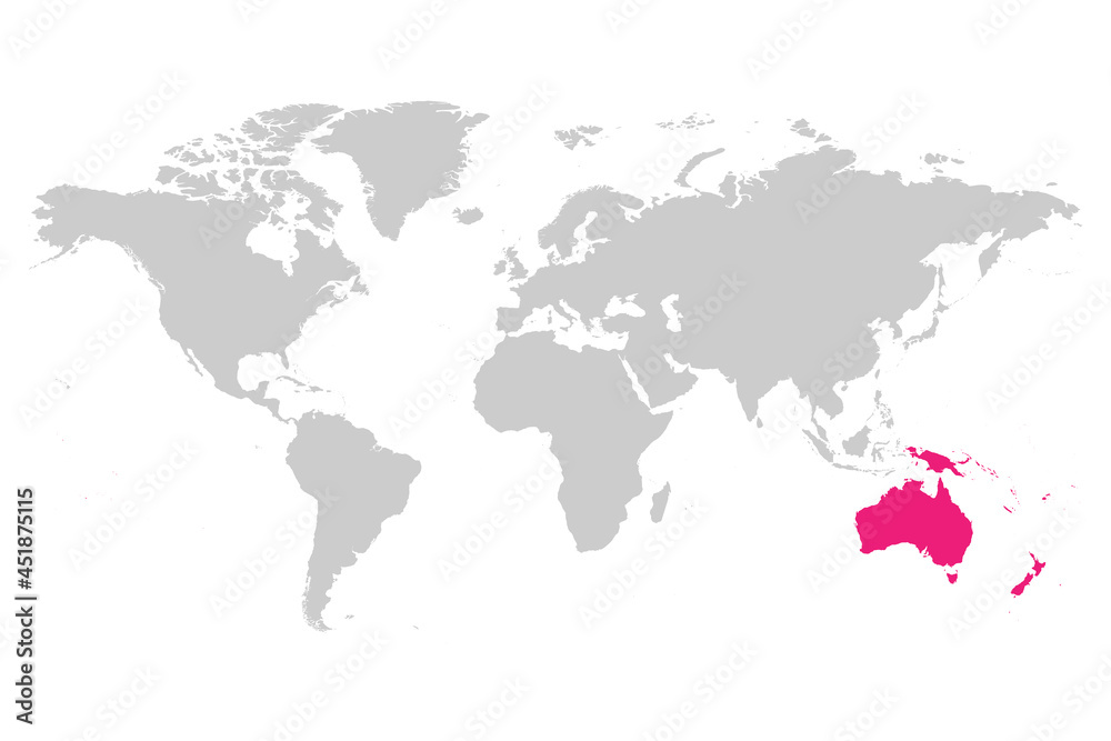 Australia continent pink marked in grey silhouette of World map. Simple flat vector illustration. Australia continent pink marked in grey silhouette of World map. Simple flat vector illustration.