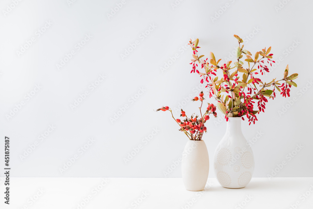 Home interior with decor elements. Colorful autumn leaves and red berries in a vase on a light background