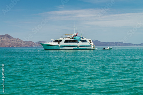 A yacht on the sea of Cortes near Loreto in the state of Baja California Sur. Mexico summer vacation concept
