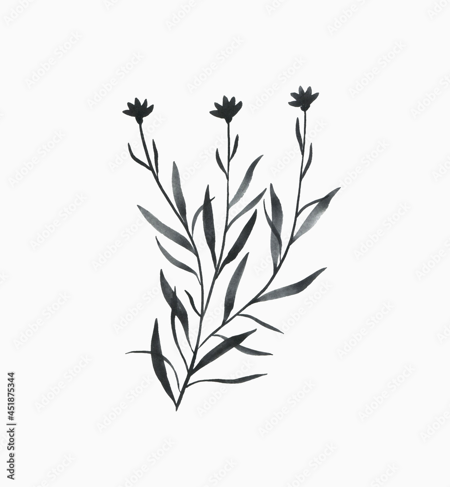 Naklejka premium Black watercolor flower sketch. Modern hand drawn botanical illustration for wall art, greeting card, invitation and other.