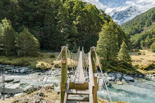 View of Matukituki Valley, Mount Aspiring National Park. Traveling, Hiking and Camping in New Zealand. Snow caped mountains and Green Valleys photo