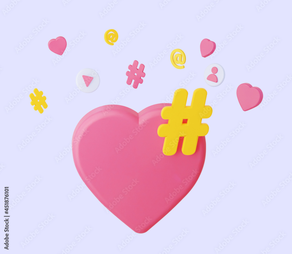 The hashtag symbol with heart. The concept of promotion in social networks. 3d rendering