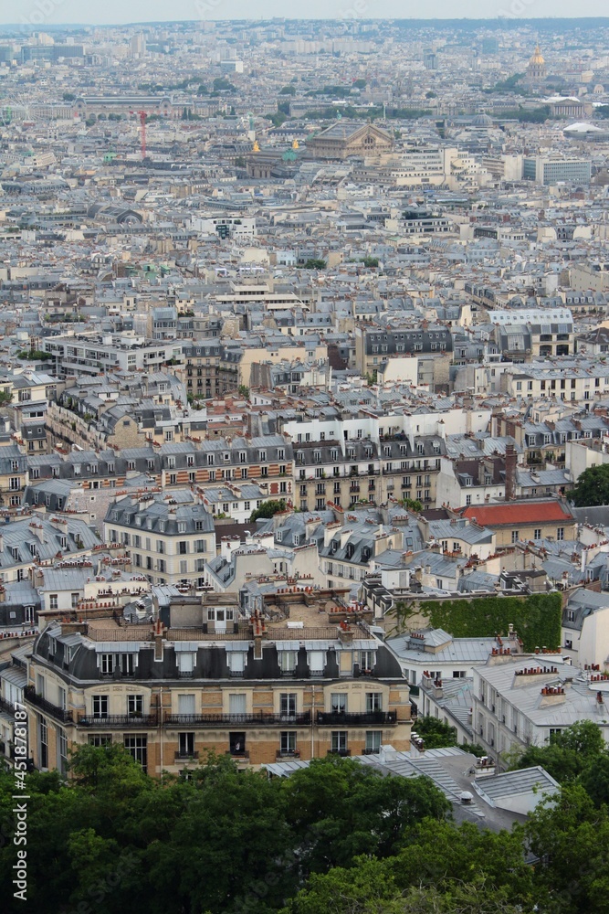 Aerial panorama of the capital of France, Paris. Summer cityscape , view of a big city from bird's eye vantage point with many old houses and horizon line.