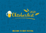 Oktoberfest 2021 - Beer Festival. Hand-drawn Doodle Elements. German Traditional holiday. Octoberfest, Craft Beer. Blue-white rhombus. Lettering. Welcome to Beer Festival.
