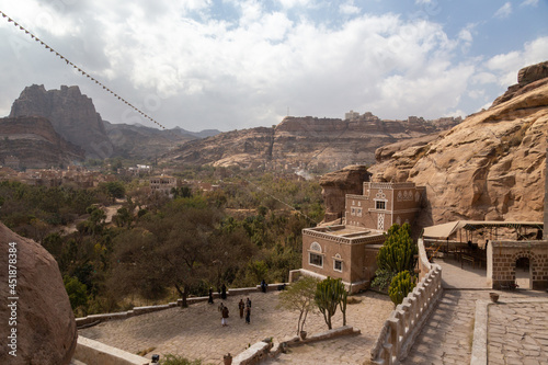 Dar al-Hajar in Wadi Dhahr, a royal palace on a rock. one of the most iconic Yemeni buildings. traditional Yemeni heritage architecture design details in historic Sanaa town and buildings in Yemen.