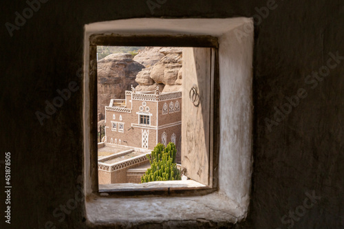 Dar al-Hajar in Wadi Dhahr, a royal palace on a rock. one of the most iconic Yemeni buildings. traditional Yemeni heritage architecture design details in historic Sanaa town and buildings in Yemen.