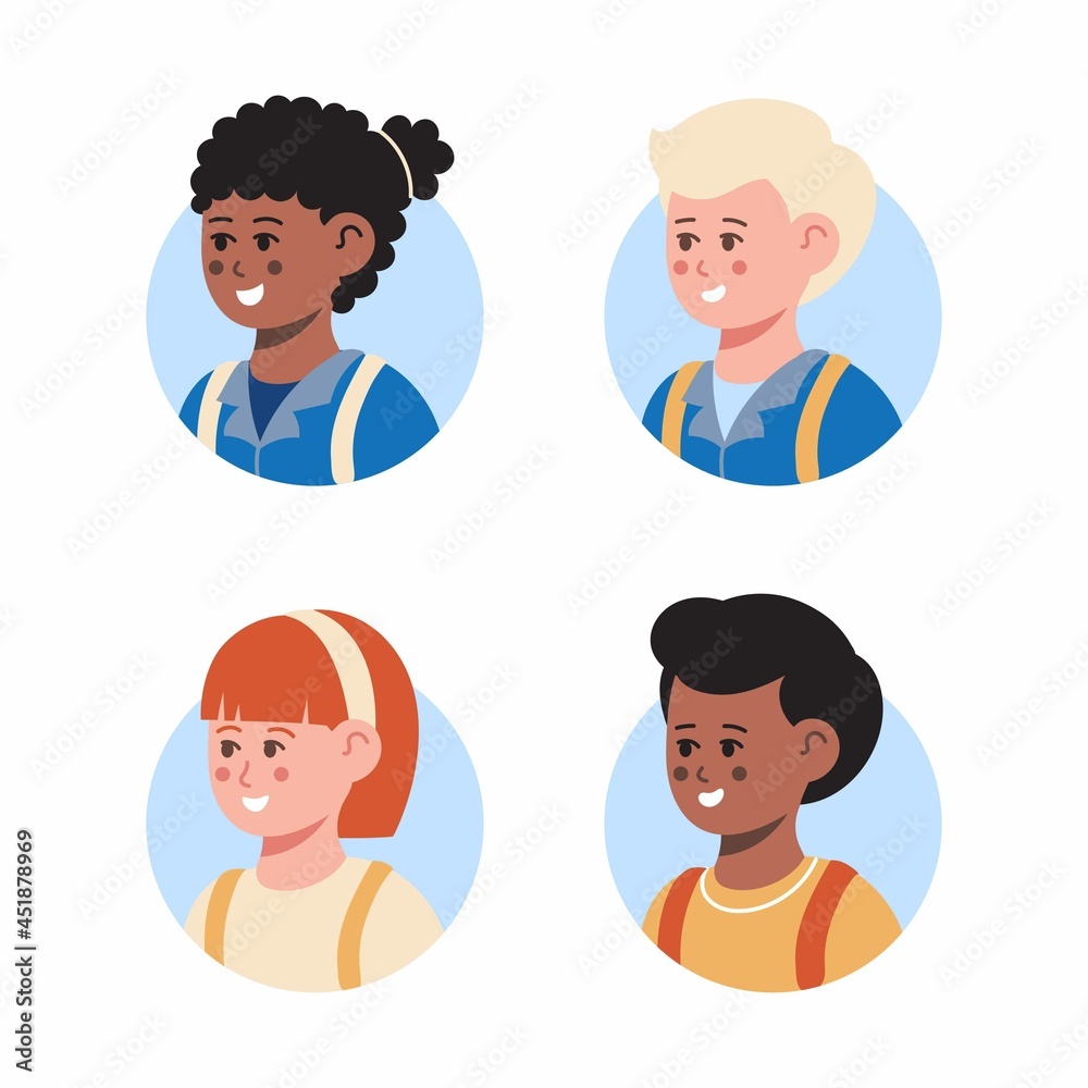 Set of children avatars. Back to school. Bundle of smiling faces of boys and girls with different hairstyles, skin colors and ethnicities. Colorful flat vector illustration isolated on white backgroun Set of children avatars. Back to school. Bundle of smiling faces of boys and girls with different hairstyles, skin colors and ethnicities. Colorful flat vector illustration isolated on white backgroun