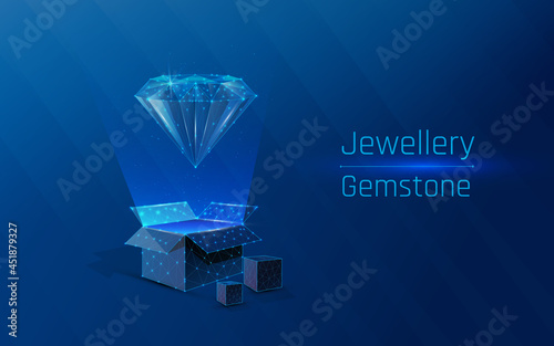 box with a precious stone, shining diamond concept of expensive gifts, jewelry sales, jewelry delivery made in plexus style, low poly, wireframe, triangle, dots, dark-blue background, 