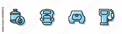 Set line Gas tank for vehicle, Propane gas, Oil tanker ship and Petrol station icon. Vector