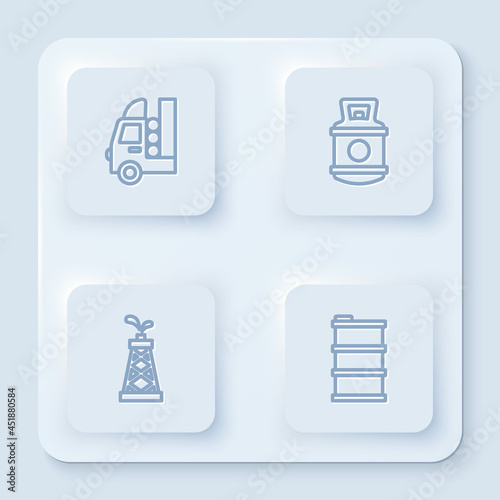 Set line Gas tank for vehicle, Propane gas, Oil rig and Barrel oil. White square button. Vector