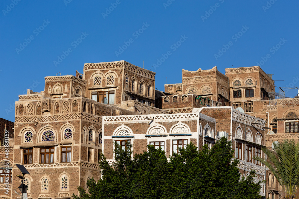 Traditional architecture in Sanaa, Yemen. Inhabited for more than 2.500 years at an altitude of 2.200 m, the Old City of Sanaa is a UNESCO World Heritage City.