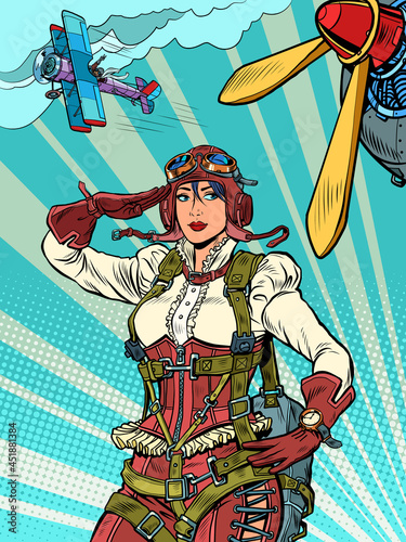 female retro pilot. professional military pilot Pop art retro illustration