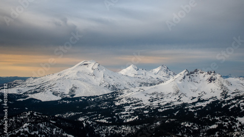 Three Sisters Mountains in the Oregon Cascades from a helicopter photo